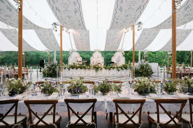 Beautiful Vermont destination wedding reception designed by Rafanelli Events. Elegant white with blue, wildflowers and custom checkerboard dance floor.